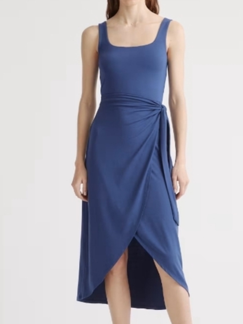 Quince Tencel jersey side tie midi dress navy stretchy asymmetrical sz xs